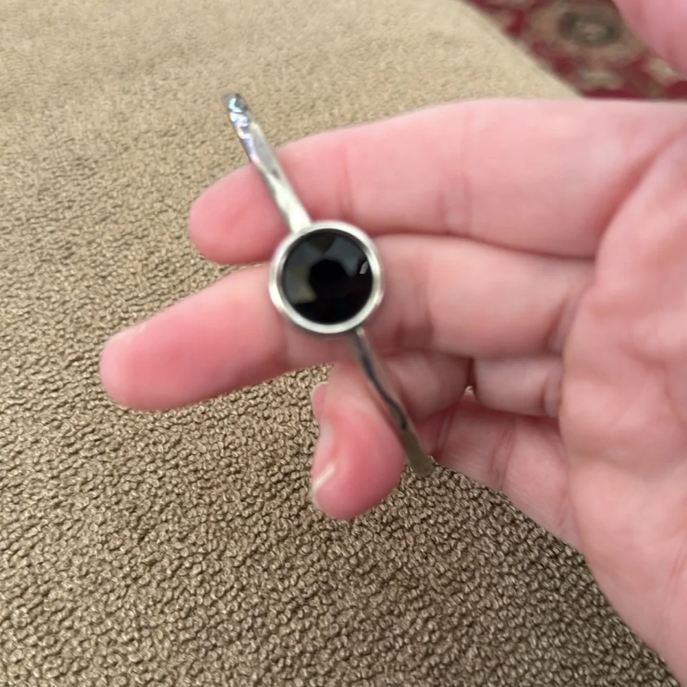 Silver Tone Slip On Bangle With Faux Black Stone 2.5” inside diameter (TD)